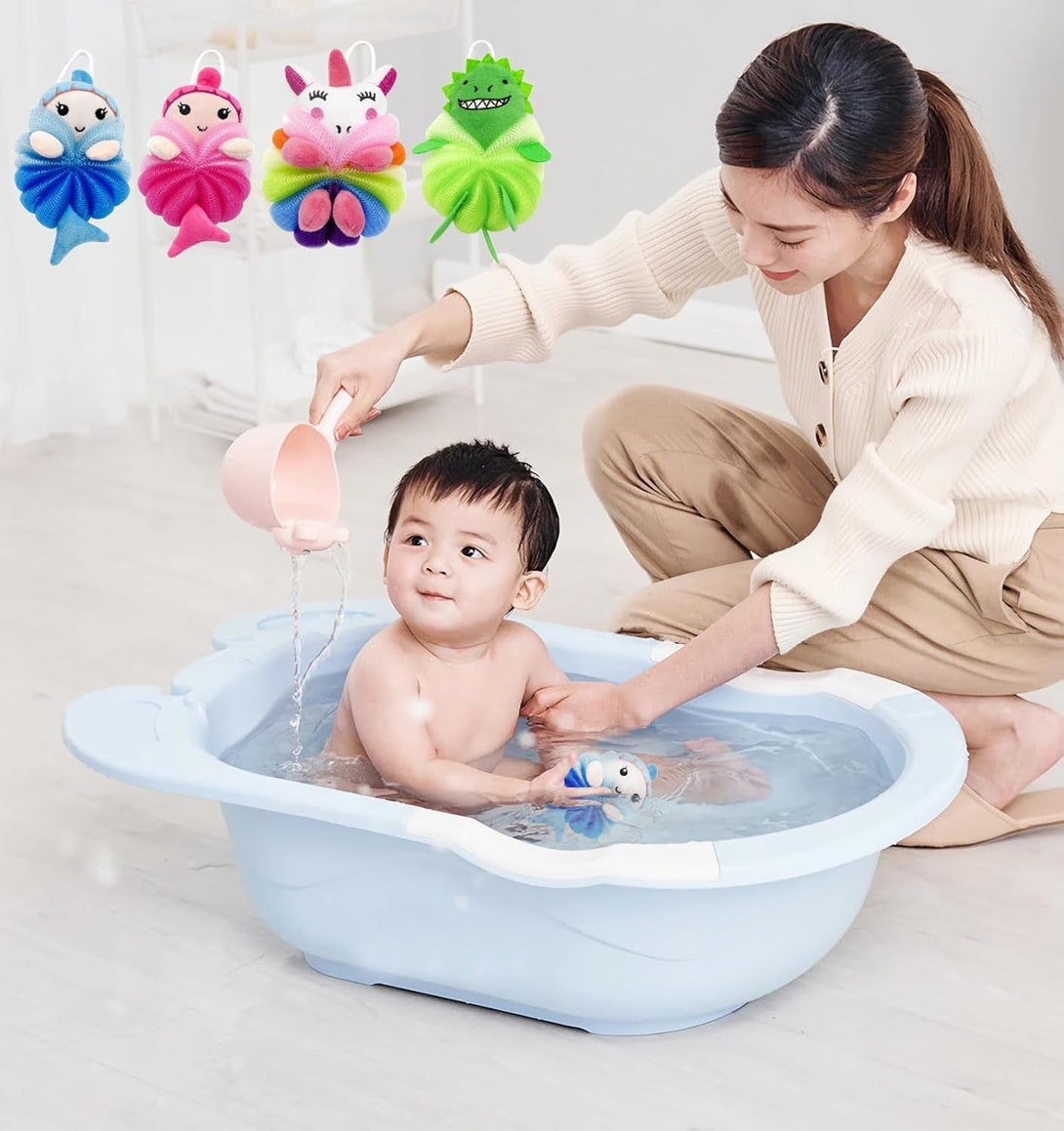 MURRI&MURRDI 4 Pcs Bath Loofah for Kids Bath Sponge, Lovely Animal Body Scrubber Kids Toddler Body Loofah Cute Cartoon Kids Bath Pouf Mesh Loofah Sponge for Children Shower 55G (4 Cartoon B)