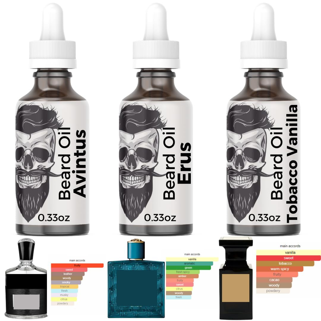 3-Pack Sample Set – Beard Oil & Body Anti-Aging Cologne Oil – Avintus, Erus, Tobacco Vanilla – 10Ml Bottles