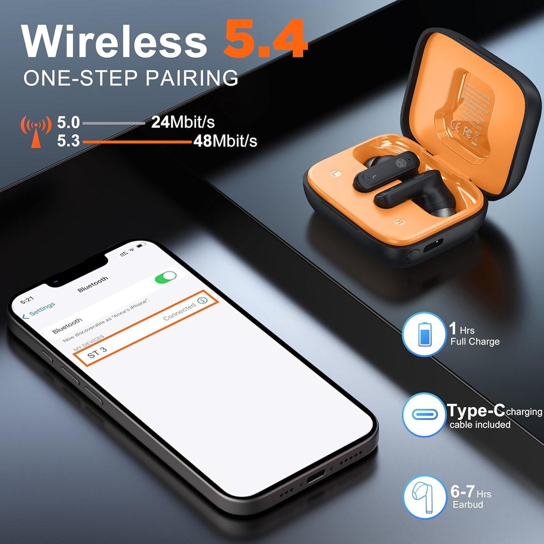 THREE PEACHES Ear Buds Wireless Earbuds Bluetooth 5.4 Headphones, Touch Screen Earbuds, Call ENC Noise Active Noise Cancelling, In-Ear Headphones USB Charging Case Earbuds for Iphone/Android, Black