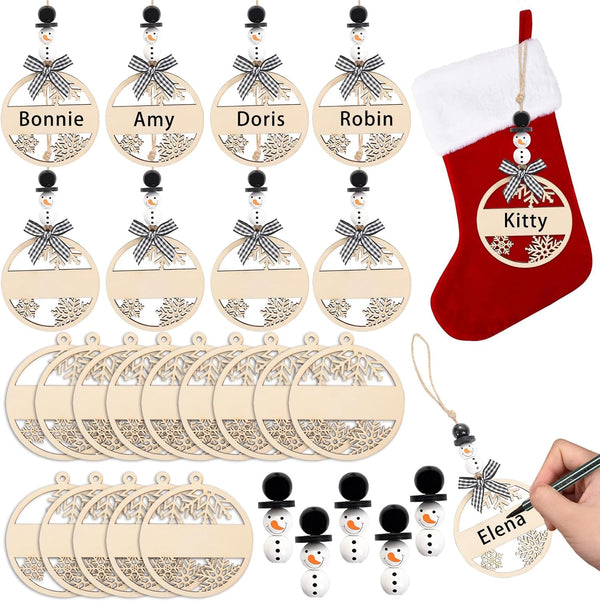 18PCS Christmas Name Tags with Snowflake & Snowman Wooden Beads, Buffalo Plaid Bows Stocking Hanging Tags for Tree & Home Decor