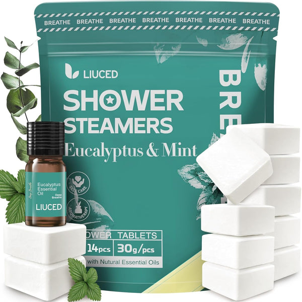 Shower Steamers Aromatherapy - 14 Pack Eucalyptus & Mint Shower Bombs and 5Ml Natural Eucalyptus Essential Oils, Nasal Relief, Birthday Gifts for Women, Self Care Stress Relief Gifts for Mom Wife Her