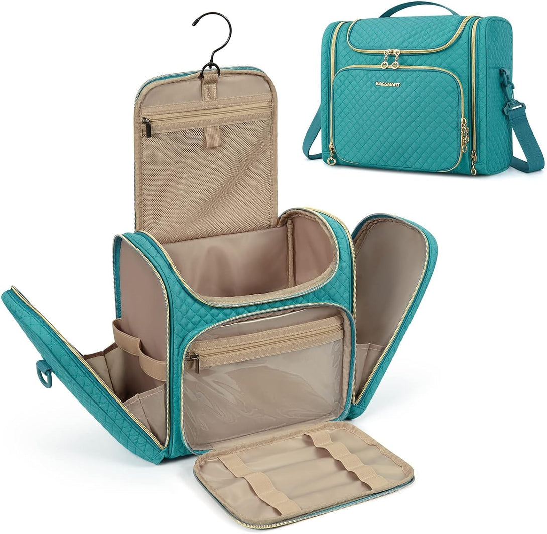 BAGSMART Toiletry Bag, Travel Toiletry Bag for Women, Water-Resistant Cosmetic Makeup Bag, Large Capacity Door Room Essentials Travel Organizer for Full Sized Toiletries and Cosmetics, Blue