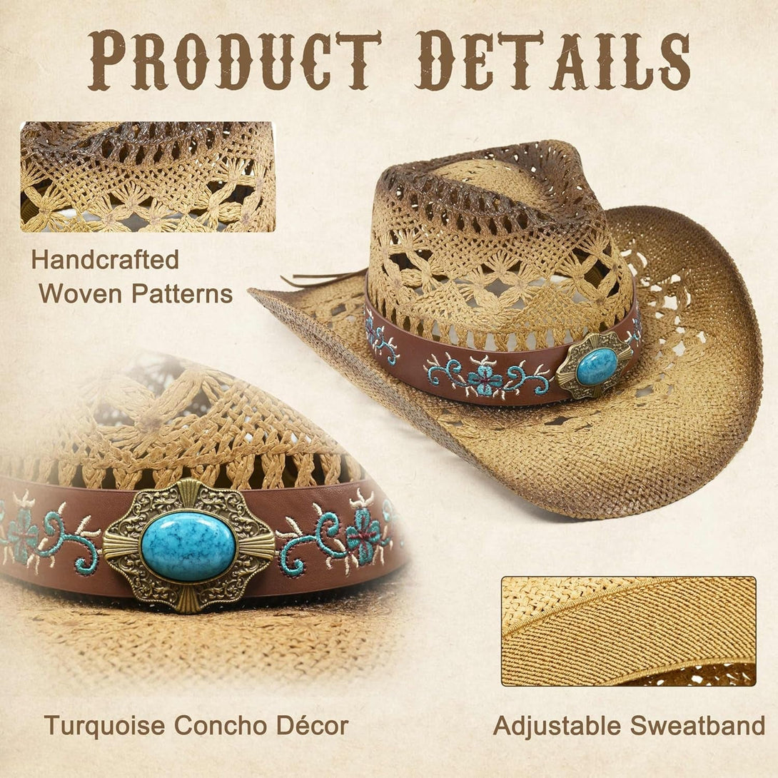 Cowgirl Hats for Women Straw Cowboy Hat Western Beach Sun Hat with Shapeable Brim for Coastal Cowgirl
