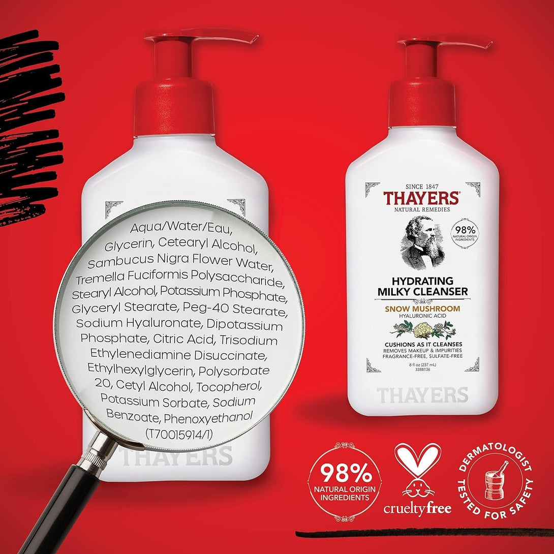 Thayers Milky Face Cleanser with Snow Mushroom, Hyaluronic Acid - Gentle, Hydrating, Dermatologist Recommended for Dry, Sensitive Skin - Paraben Free, 8 Oz