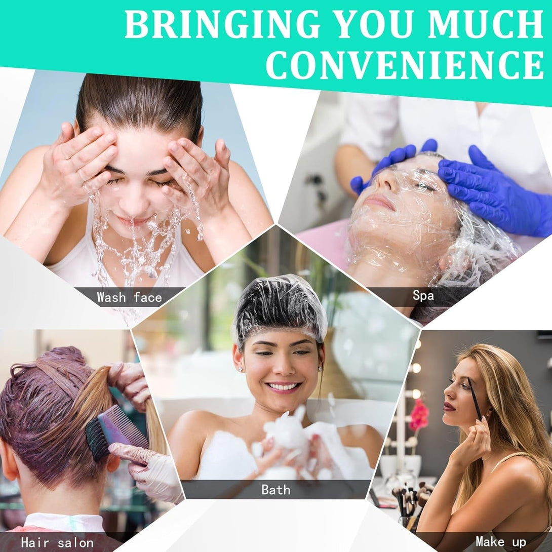 Disposable Shower Caps, Plastic Clear Hair Cap Large Thick Waterproof Bath Caps for Women, Hotel Travel Essentials Accessories Deep Conditioning Hair Care Cleaning Supplies (One Size, Count, 100)