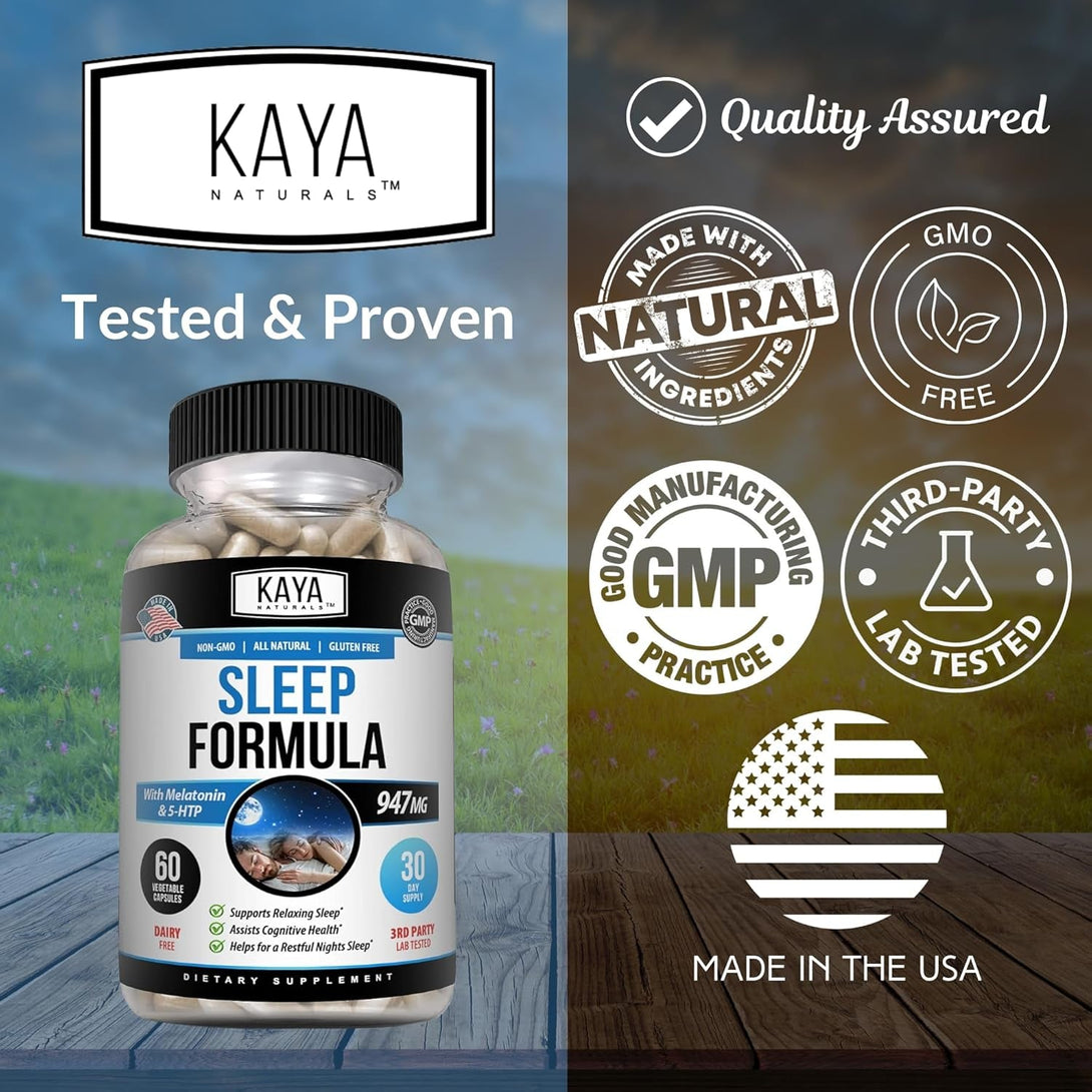 Kaya Naturals - Sleep Support Formula with Melatonin - Aid Support Vitamin Supplement - Sleep Stress and Mood Support - L-Tryptophan, Passion Flower, Ashwagandha and More - 60 Capsules (60 Count)