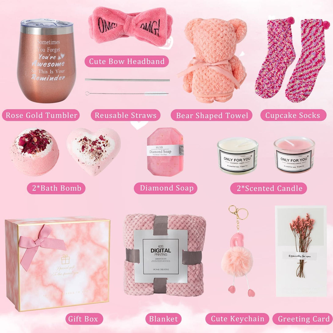 Birthday Gifts for Women,Pink Gifts Box for Women Gifts Basket Care Package Get Well Soon Gifts Relaxing Set Self Care Gifts Unique Gifts Box Birthday Presents Female Friendship Gifts