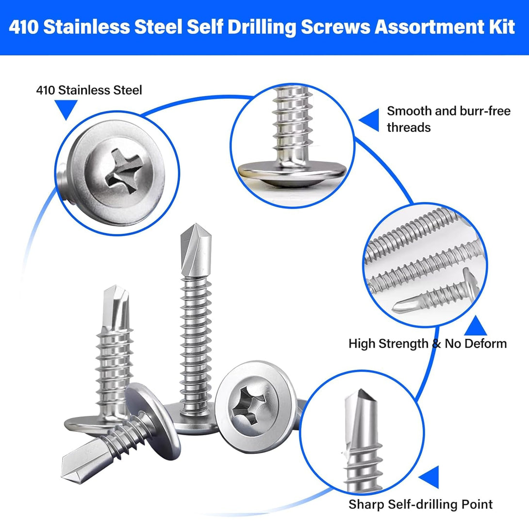 450PCS Self Tapping Screws for Metal, 410 Stainless Steel Self Drilling Screws #8#10 Truss Head Sheet Metal Screws Assortment Kits, Length 1/2"" to 1-1/4'' (Silver)
