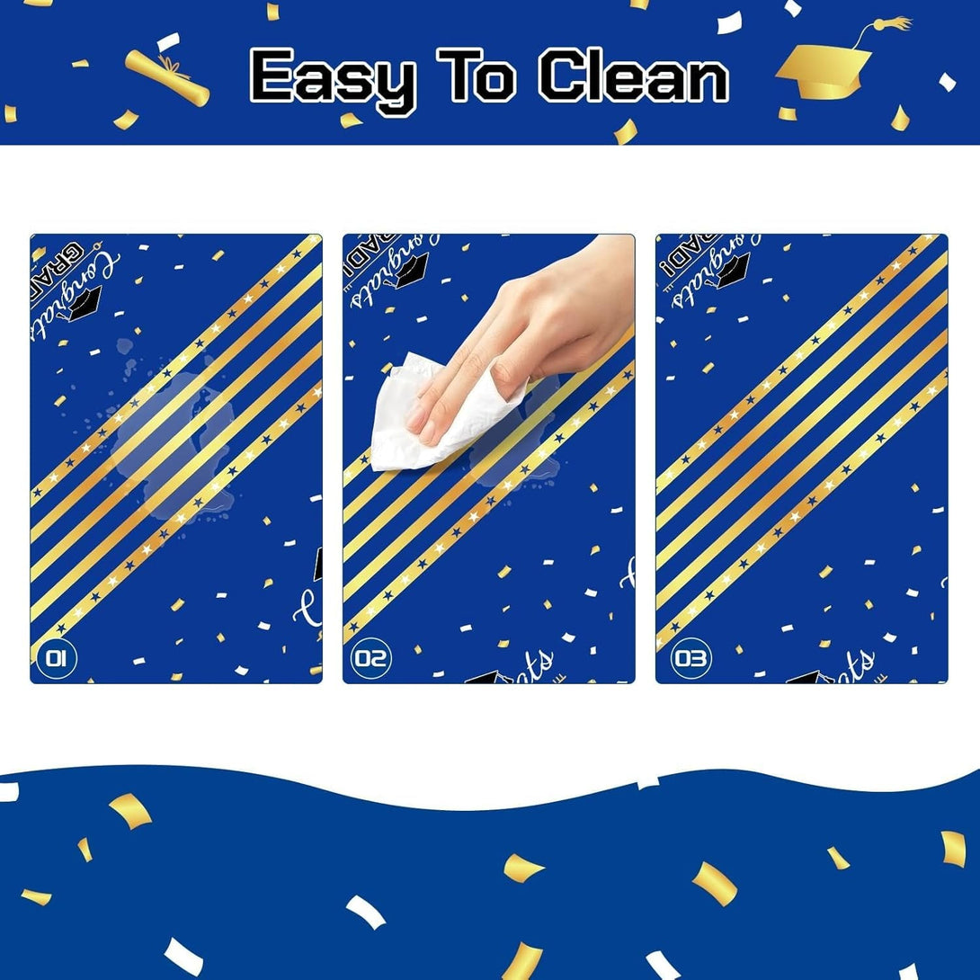Childom 3 Pack Graduation Tablecloth,Graduation Party Decorations 2025 Blue and Gold,54"X108" Disposable Plastic Table Cloth,Waterproof Plastic Disposable Tablecloth for Home,School,Party Supplies