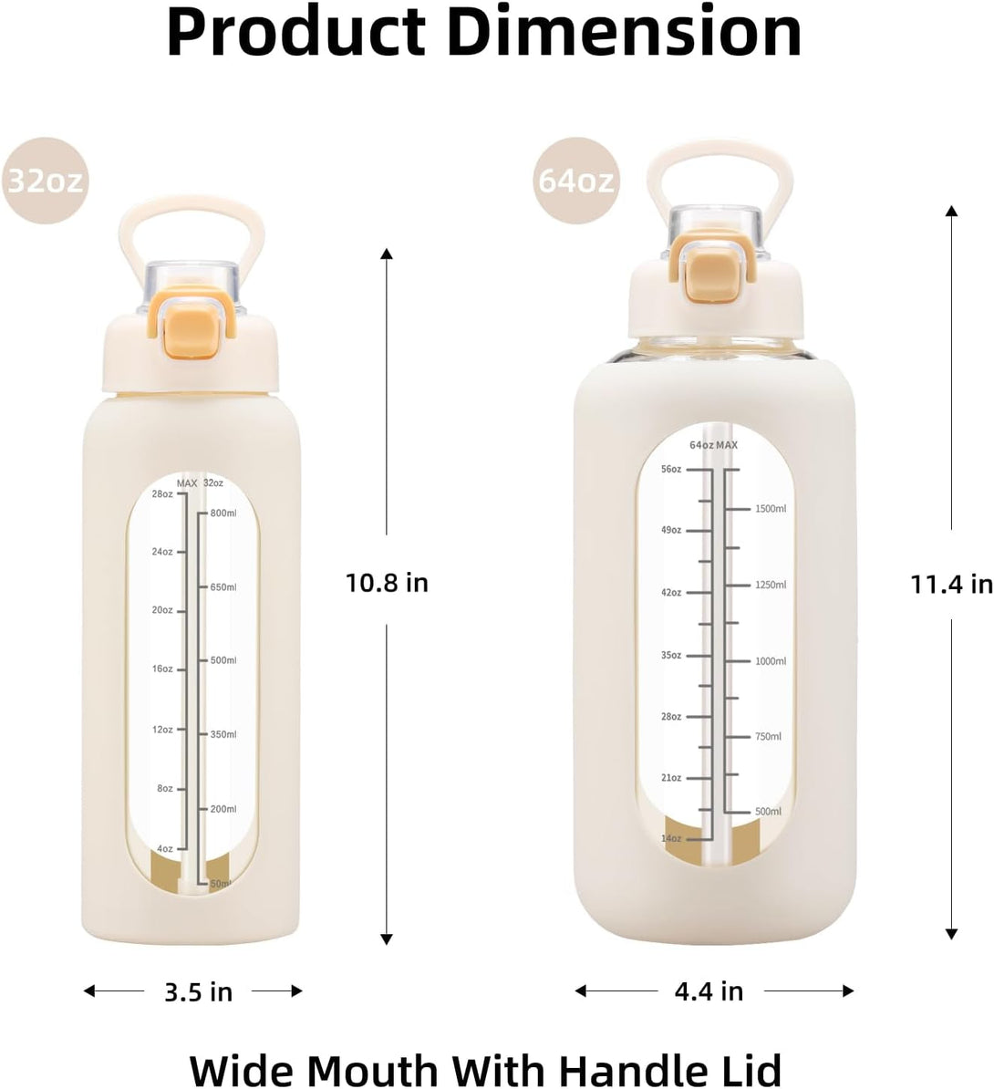 32 Oz Glass Water Bolttles with Straw Large Motivational Water Bottle with Time Marker Sports Water Bottles with Silicone Sleeve and Handle Lid Water Jug for Gym Workout