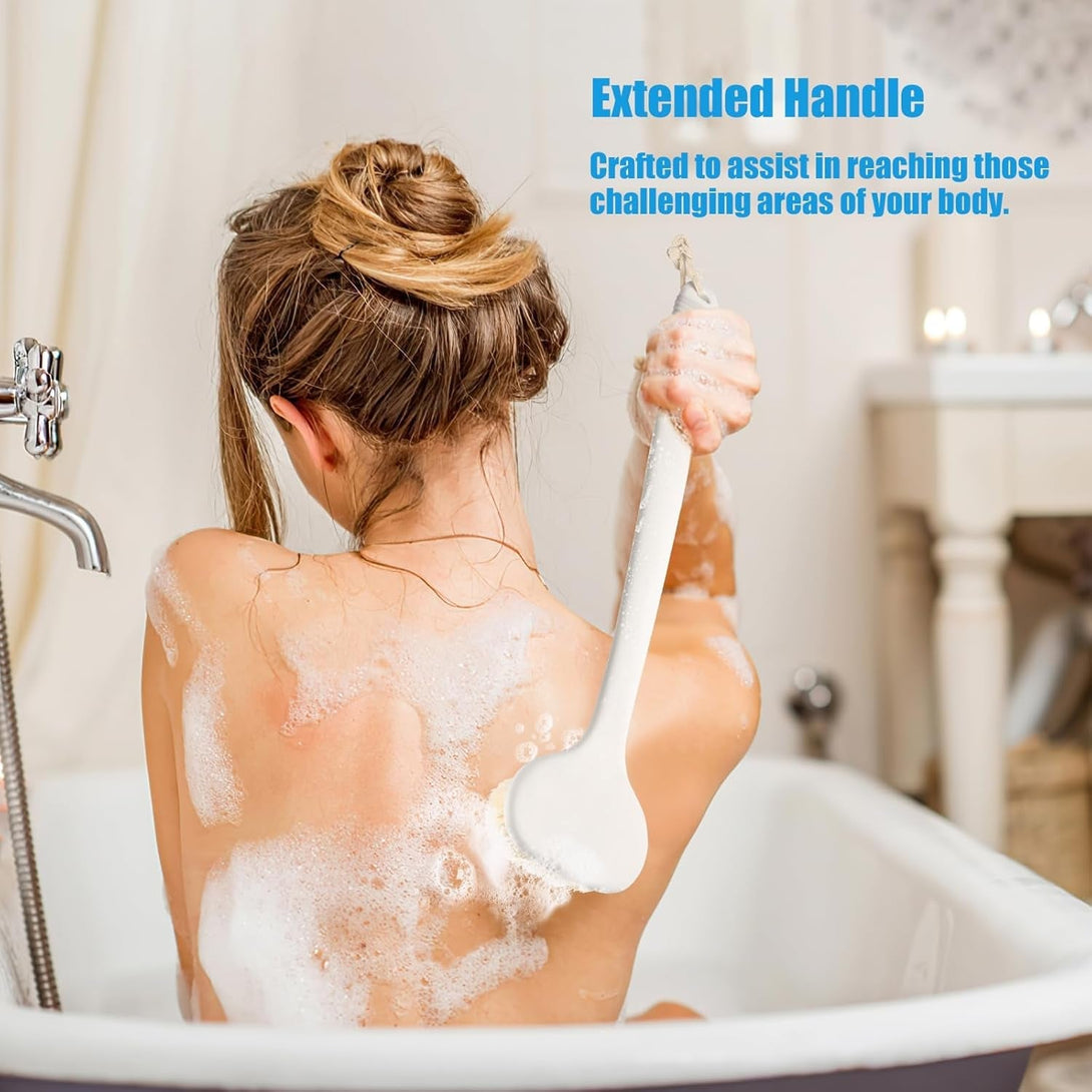 VANZAVANZU Back Scrubber for Shower, Bath Brush with 17-Inch Long Anti-Slip Handle, Wet and Dry Brushing Body Brush for Body Cleansing, Back Brush for Men and Women (White)