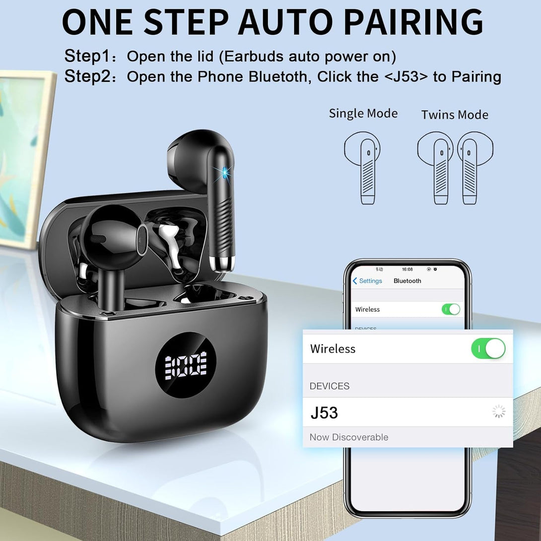 Wireless Earbuds, Bluetooth Headphones 5.4 Hifi Stereo, in Ear Earphones with 4 ENC Noise Cancelling Mics, 40H Playtime Ear Buds with Mini Case, IP7 Waterproof Headset with LED Display, USB C Charging