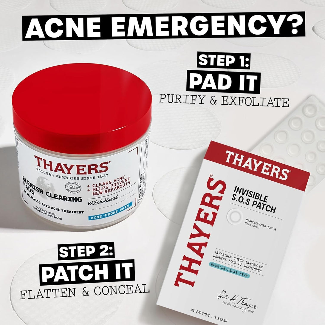 Thayers Blemish Clearing Acne Pads, Salicylic Acid Acne Treatment for Face, Pore Reducing, Exfoliating, and Soothing Skincare, Witch Hazel Toner Pads, 60 Ct