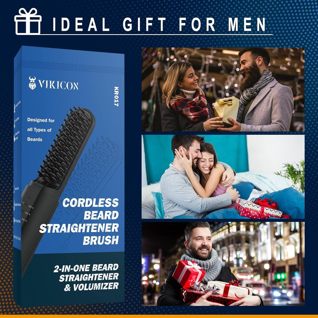 VIKICON Beard Straightener for Men: Cordless Heated Beard Brush for Men, Electric Hot Comb, Anti-Scald Mini Straightening Brush for Beard Grooming, Portable for Travel and Home Use, Gifts for Him Dad