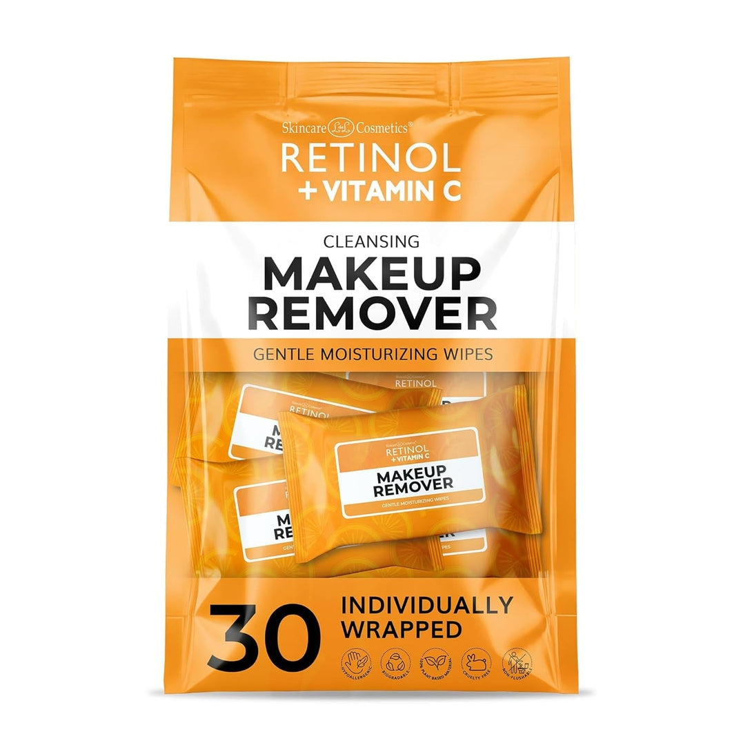 Retinol + Vitamin C Individually Wrapped Makeup Remover Wipes, Travel Essentials for Travel & on the Go, Women Facial Cleansing Towelettes, Removes Makeup Mascara & Sunscreen - 30 Single Face Wipes