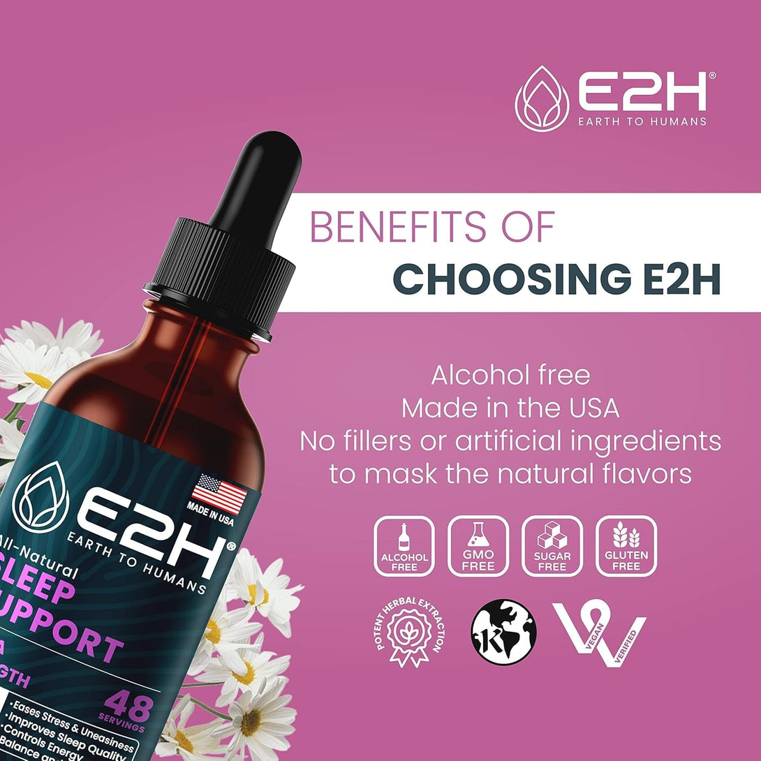 E2H Natural Sleep Support - Liquid Melatonin with Chamomile, Theanine - Sleep Better, Deeper, Longer - Vegan, Gmo-Free - Provides Stress Relief - 2 Fl Oz