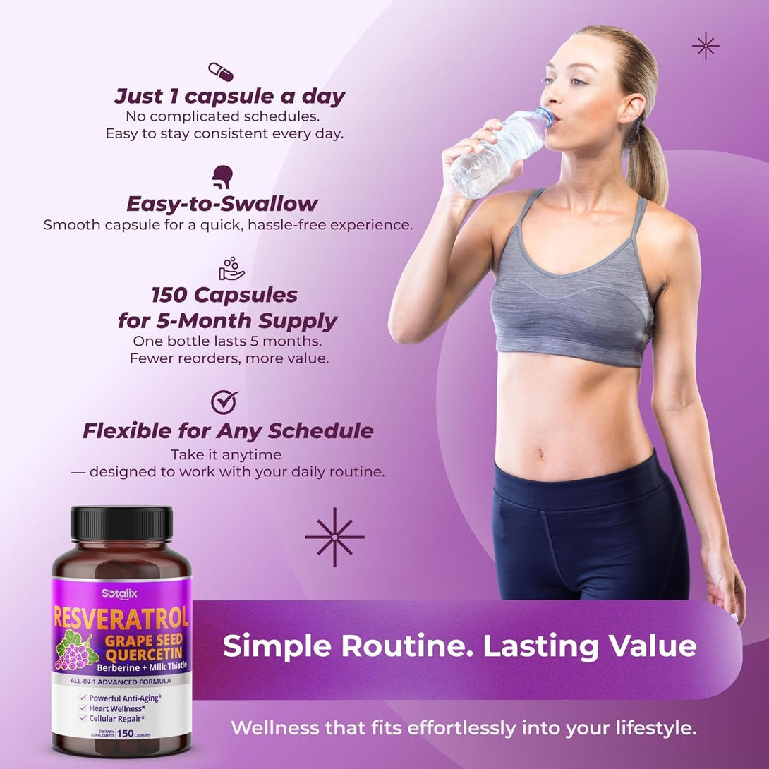 Resveratrol with Grape Seed + Quercetin Berberine + Milk Thistle Powerful Anti-Aging - USA Made & Tested (150-Day Supply (Pack of 1))