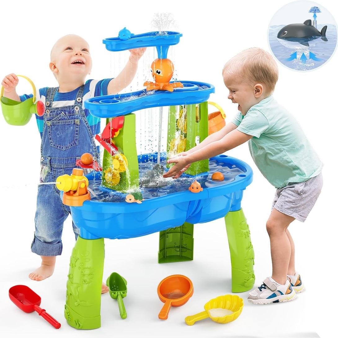 Auto Water Table for Toddlers 3-5 with Water Pumb, 3-Tier Kids Sand Water Table, Rain Showers Splash Pond for Outdoor Beach Backyard Summer, Activity Sensory Play Table for Boys Girls