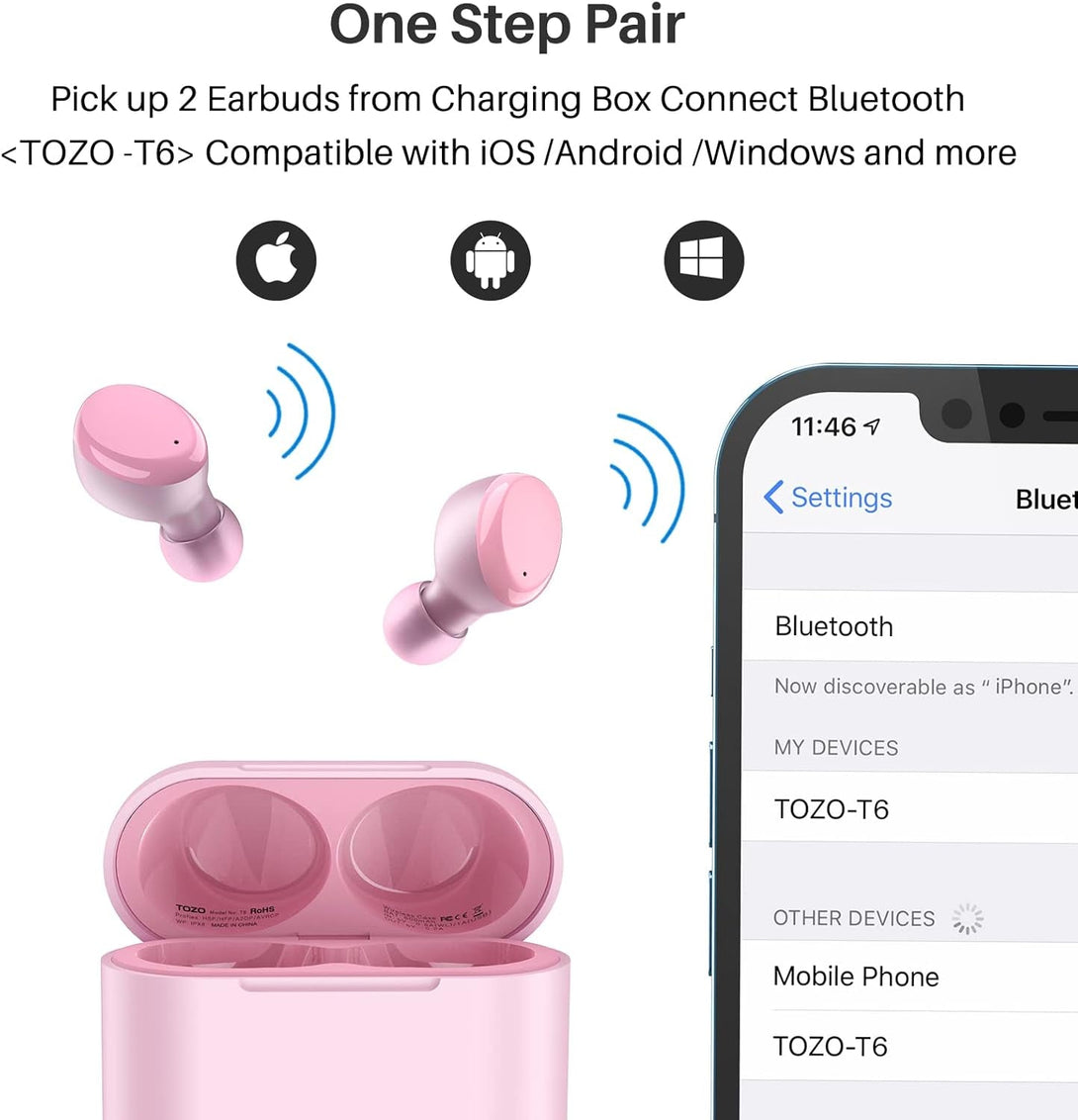 TOZO T6 Wireless Earbuds Bluetooth 5.3 Headphones, Ergonomic Design in Ear Headset, 50Hrs Playtime with Wireless Charging Case, APP EQ Customisable, IPX8 Waterproof