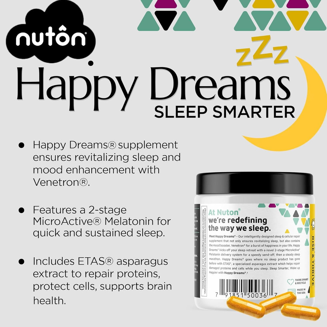 Nuton Happy Dreams Sleep Supplement - Natural Sleep Aids for Adults, Time Release Melatonin, ETAS Asparagus & Venetron Extract, Rest Support Supplement, Natural Aid for Adults, 60 Veggie Capsules