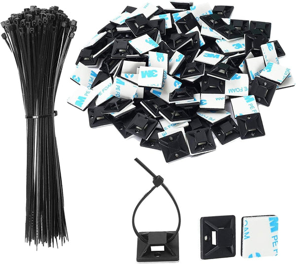 Black Cable Tie Zip Self Adhesive Mounts Set, Cable Base Holders with Multi-Purpose Sticky Pads 100 Set