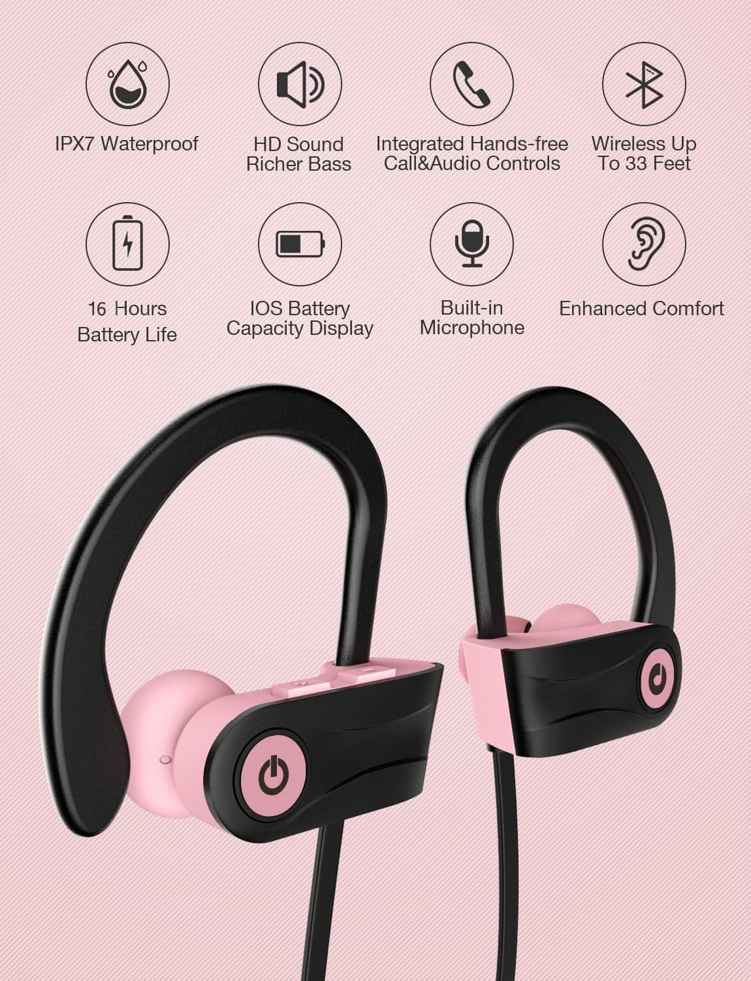 Otium Bluetooth Headphones Wireless Earbuds Headsets Wireless Earbuds Bluetooth Earphones IPX7 Waterproof 15 Hours Playtime Running Sports Workout