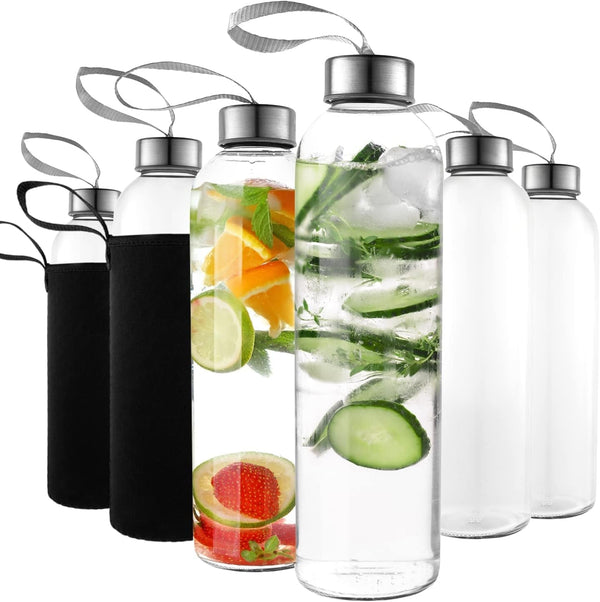 16 Ounce Glass Water Bottles, Reusable Water Bottles with Airtight, Pack of 6, Stainless Steel Lids Carrying Strap and Nylon Water Bottle Protective Sleeves for Hot or Cold Drinks
