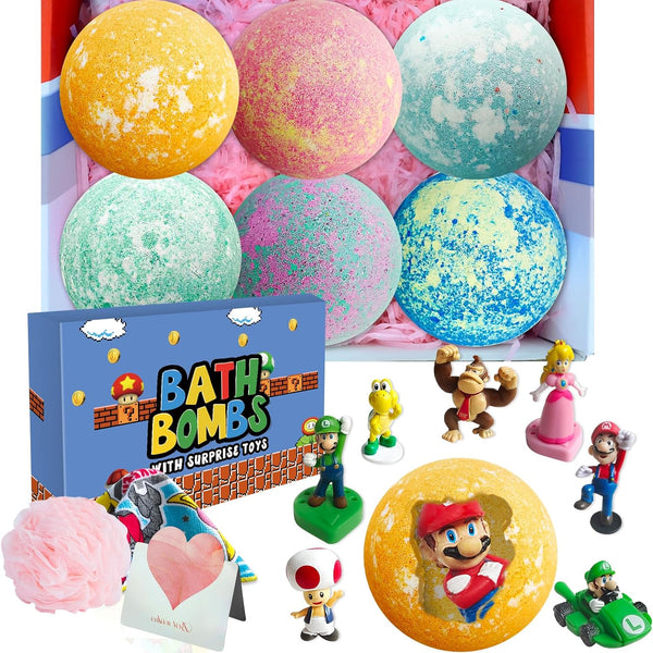 Bath Bombs for Kids: XXL Mario Bath Bombs with Toys Inside, Kids Bath Bombs Rich in Natural Essential Oils, Organic Bath Bombs Gift Set for Dry Skin Moisturize, Bath Bombs for Girls/Boys Spa Bath
