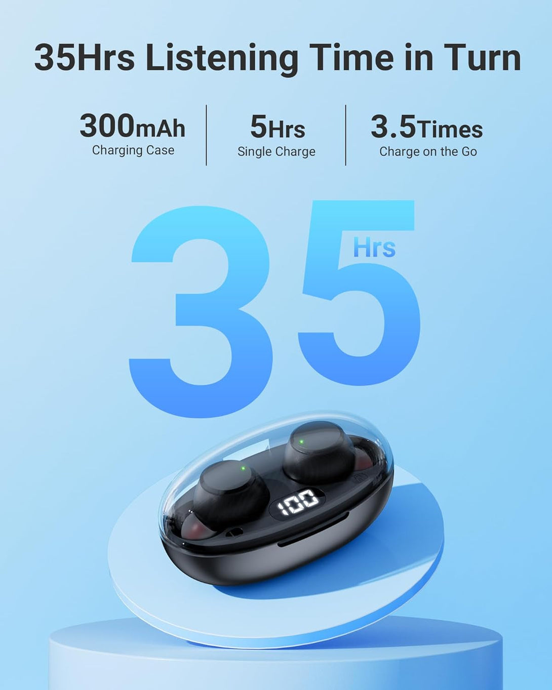 Ear Buds Wireless Earbuds Bluetooth 5.4 Headphones with LED Power Display, IPX8 Waterproof, Mini Earbud, Built-In Mic Calls, Ultra-Light, Stereo Earphones for Sports, Gym, Running, Workout, Black S