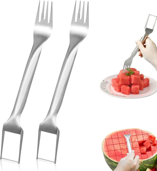 2PCS Watermelon Slicer Cutter, 2-In-1 Watermelon Fork Slicer,Watermelon Cube Cutter Tool, Dual Head Fruit Forks Knife Summer Fruit Cutting Fork for Home Kitchen ﻿, Silver