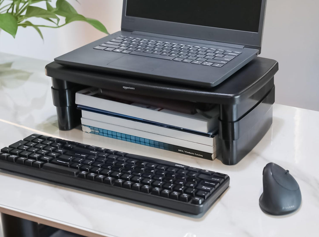 Amazon Basics Height Adjustable Rectangular Computer Monitor Riser Desk Stand with Storage for Reduced Neck Strain - Fits Monitors, Laptops up to 22Lbs, Black