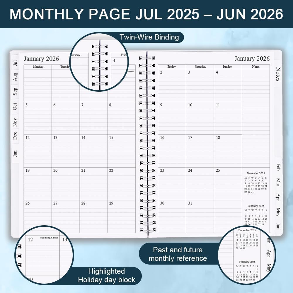 2025-2026 Planner - Weekly & Monthly Planner Runs Jul 2025 to Jun 2026, 6.25" X 8.25", 12 Monthly Tabs, 14 Notes Page, Plastic Pocket, Flexible Cover with Twin-Wire Binding, Planners 2025-2026