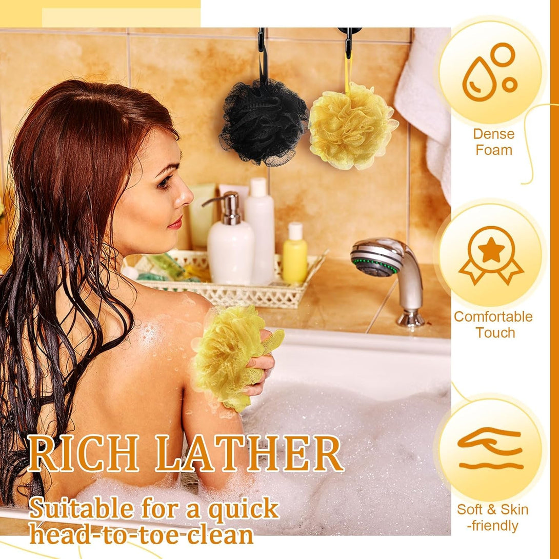 12 Pcs Bath Loofah Shower Sponge 50G Body Back Scrubber Soft Mesh Shower Puffs Exfoliating Loofa for Men Women Bath Accessories Cleaning Tool(Gold and Black)