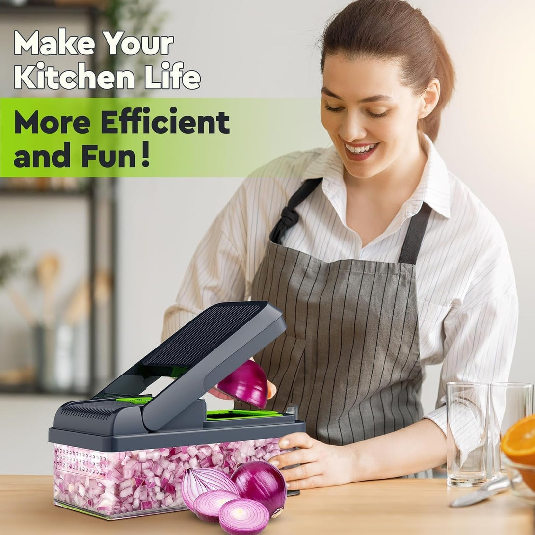 12-In-1 Vegetable Chopper, 7 Blade Veggie Chopper, Practical Food Chopper with Container, Cheese Grater, Home Essentials & Kitchen Gadgets(Green/Grey)