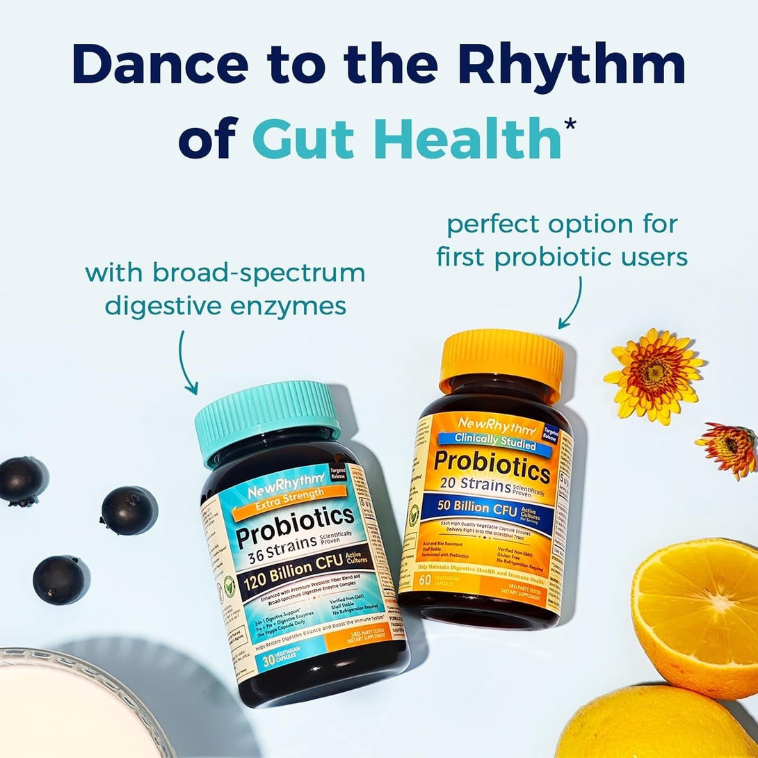 Newrhythm Probiotics 120 Billion CFU 36 Strains, 3-In-1 Probiotics for Digestive Health & Immune Support with Prebiotics & Enzymes, Probioticos for Women & Men, Vegan Targeted Release Supplement, 30Ct
