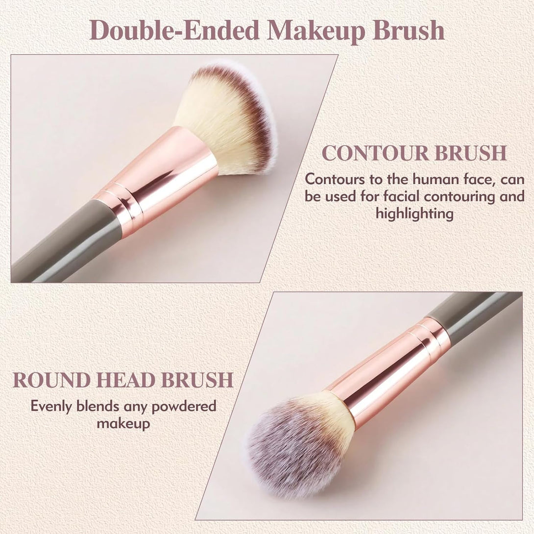 3PCS Double Ended Makeup Brush, round Top Brush for Blush, Slant Brush for Contour and Highlighter, Perfect For