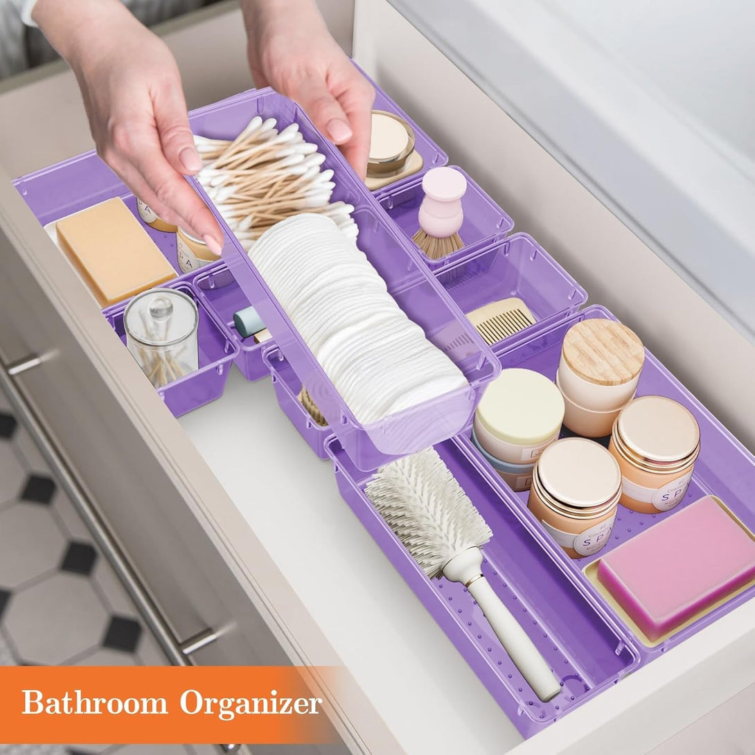 25 PCS Plastic Drawer Organizer Set, 4-Size Versatile Organizer Trays & Storage Bins for Makeup, Jewelry, and Gadgets in Bathroom, Bedroom and Office, Purple