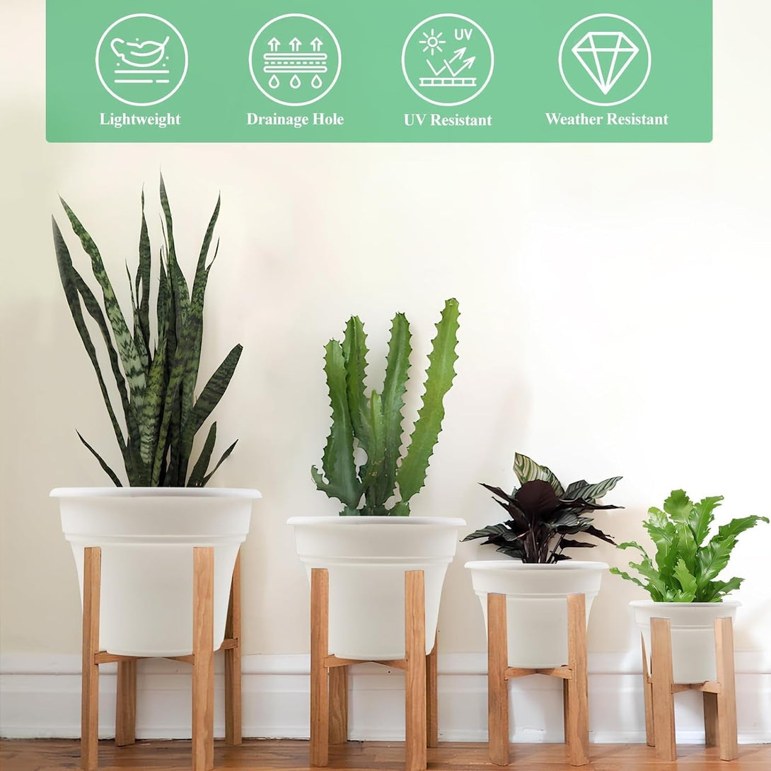 10 Inch Plastic-Flower-Pot-For-Indoor-Plants, 4 Pack Large Outdoor Planter Pot with Drainage Holes & Saucers, Resin Decorative Garden Pots Planters