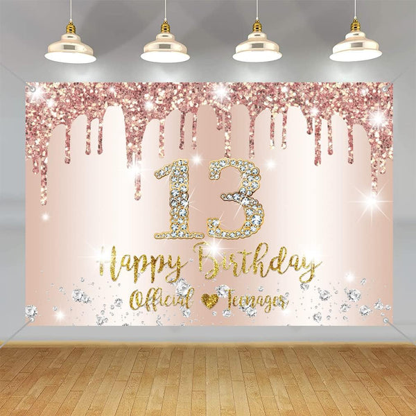 13Th Birthday Decorations for Girls Happy 13Th Birthday Backdrop Banner Party Deco Girl 13 Years Old Sign Poster Rosegold Official Teenager Background Party Supplies, 59"X35.4"