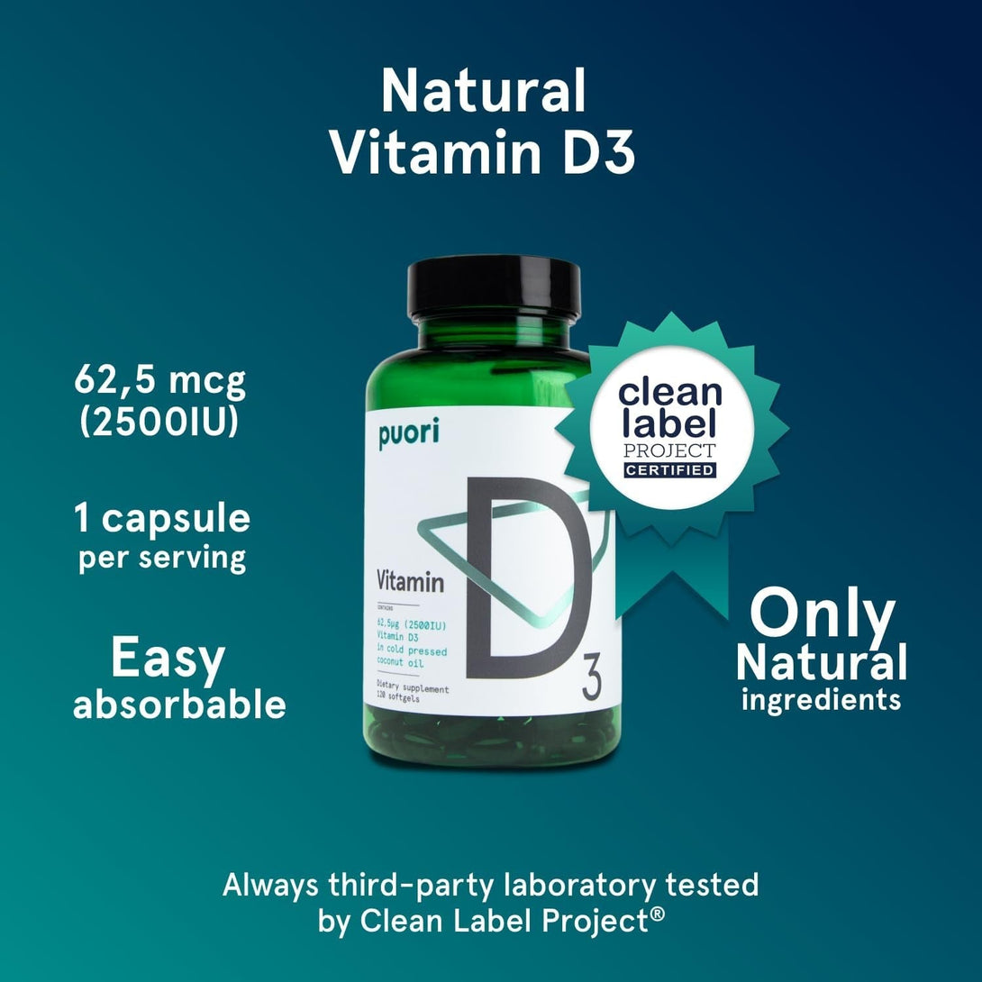 Puori Vitamin D3 with Organic Coconut Oil - 120 X 2500 IU - for Healthy Muscle Function, Bone Health, Immune Support and Calcium Uptake- Non-Gmo and Gluten Free - for Children and Adults