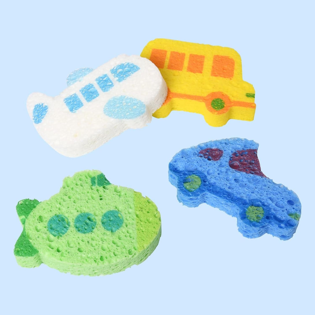 4 PCS Cartoon Car Bath Sponge for Kids,Transportation Cute Shape Compressed Cellulose Shower Sponges for Baby,Soft and Funny