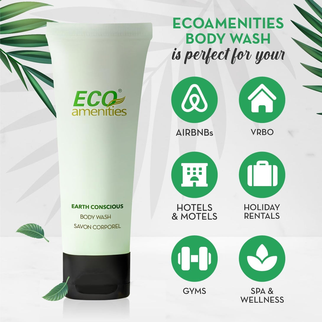 ECO Amenities Travel Size Body Wash Bulk - Hotel Supplies for Guests - Great for Vacation Rental and Airbnb Toiletries - Body Wash for Men & Women - Green Tea Scent - 72 Pack, 0.75 Fl Oz (22Ml) Tubes