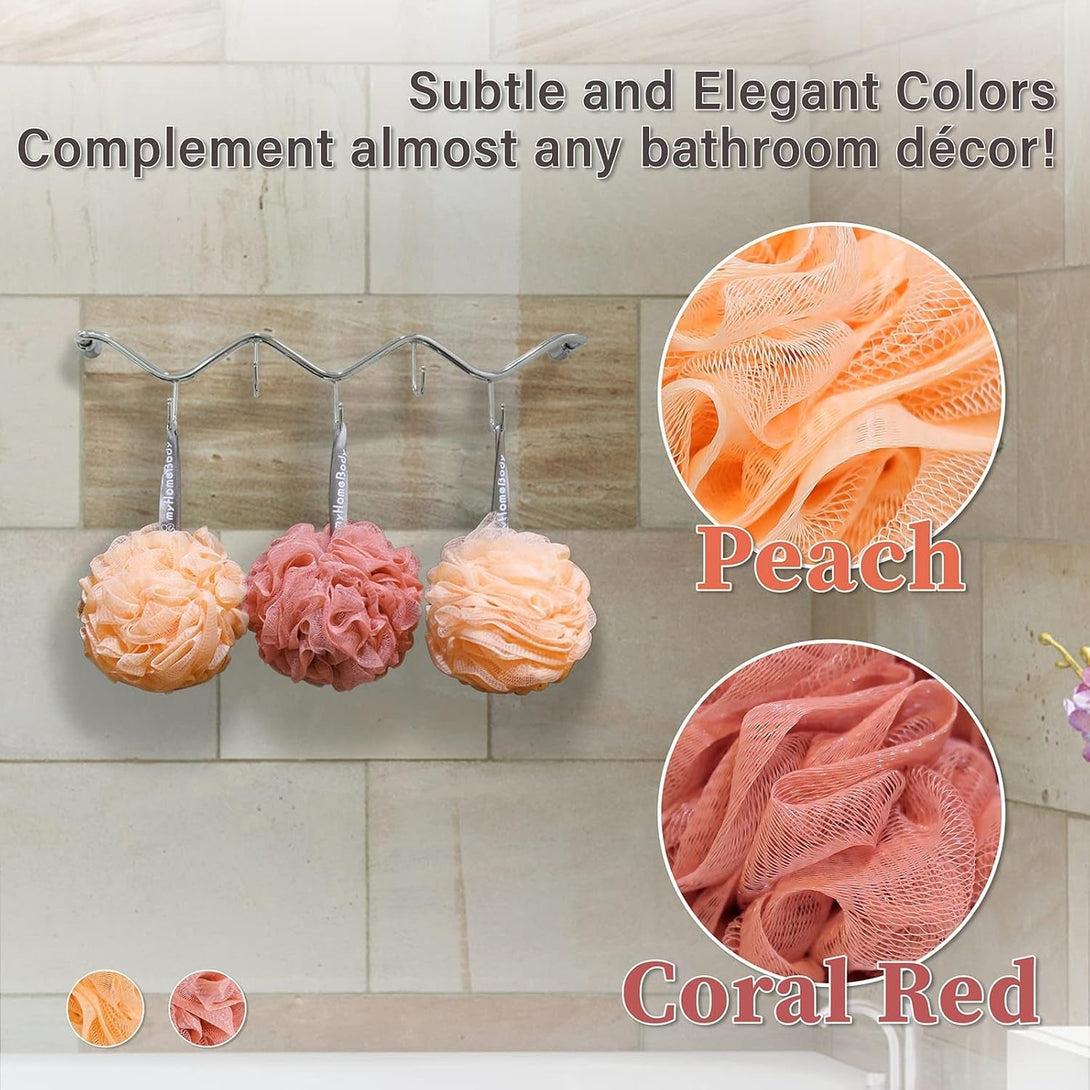 Myhomebody 60G Loofah Sponge, Body Scrubber, Bath Sponge, Loofah for Women, Men, Exfoliating Sponge Shower Pouf with Activated Charcoal - 2 Peach + 1 Coral Red, 3 Pack
