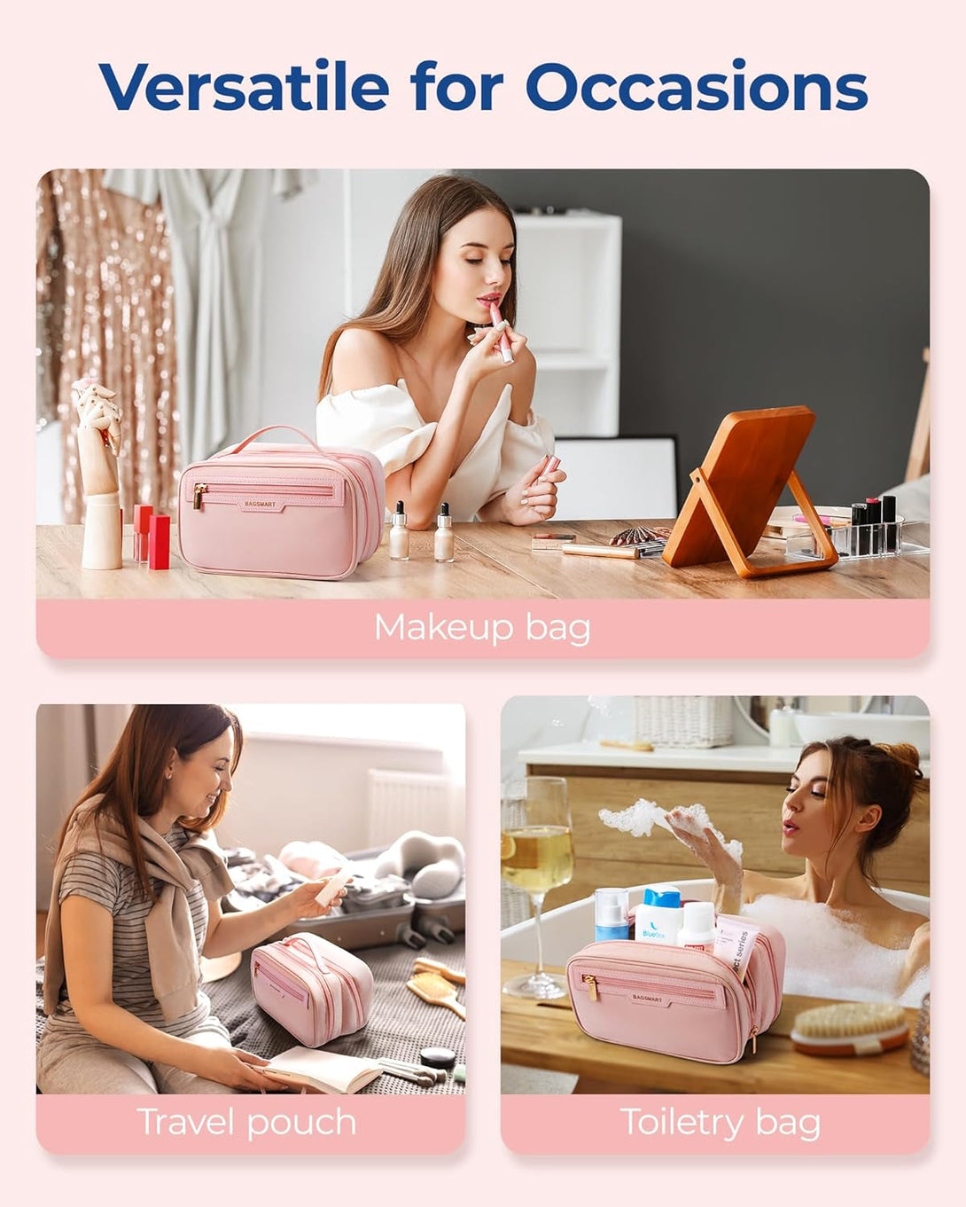 BAGSMART Travel Makeup Bag, Make up Bag with Multiple Compartments for Organizer, Compact & Durable Cosmetic Organizer for Women for Travel Accessories (Pink