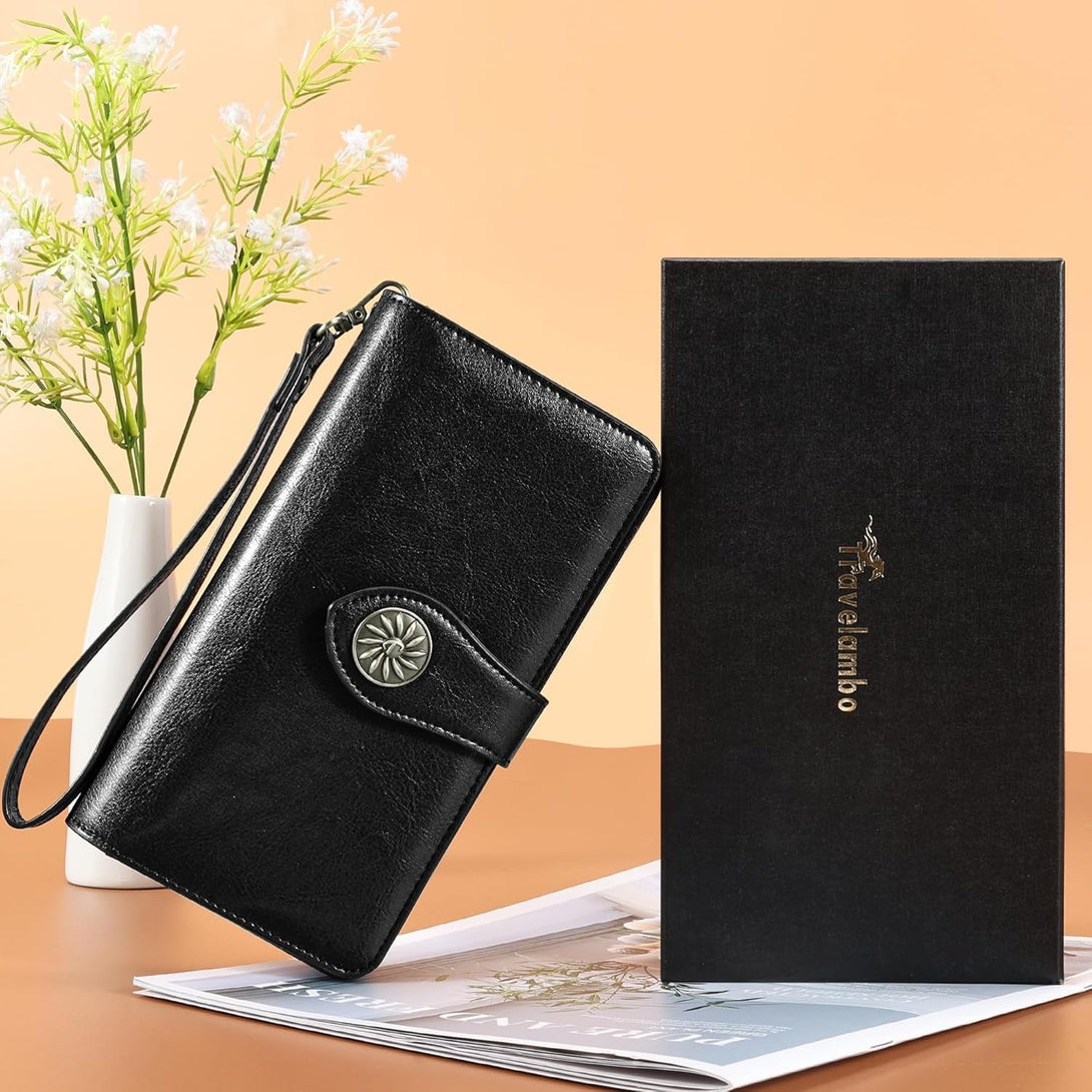 Travelambo Women'S Wallet RFID Blocking Credit Card Holder Large Capacity Wristlet Leather Wallets Purse