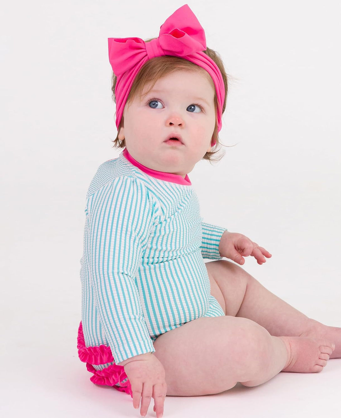 Rufflebutts Baby/Toddler Girls Seersucker Long Sleeve One Piece Rash Guard Swimsuit with UPF 50+ Sun Protection