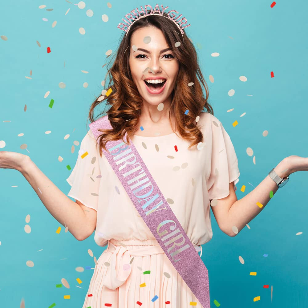 Glitter Birthday Sash, Tiara and Rhinestone Headband Set - Pink Birthday Accessories for Her