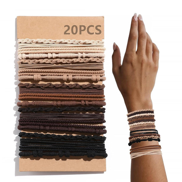 20 PCS Boho Hair Ties, Bracelets Hair Ties for Thick or Thin Hair, 4 Styles Boho Ties for Ponytail Holders, 2.36â€™â€™ Hair Ties No-Damage, Brown