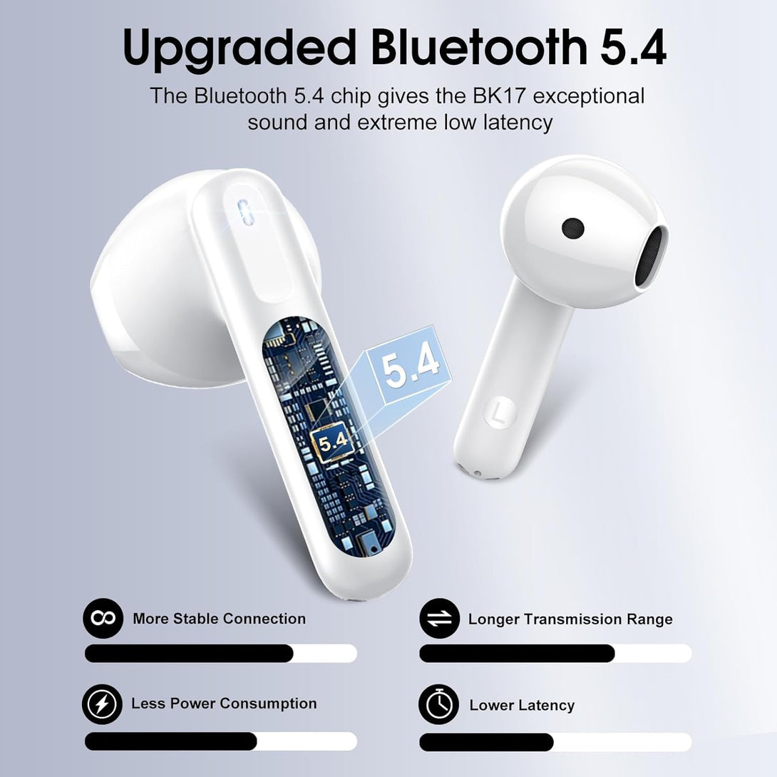 Wireless Earbuds, Bluetooth 5.4 Headphones in Ear Buds, Hifi Stereo Wireless Earphones with 4 ENC Noise Cancelling Mics, 40H Headphones with IP7 Waterproof, Dual LED Display USB C, White