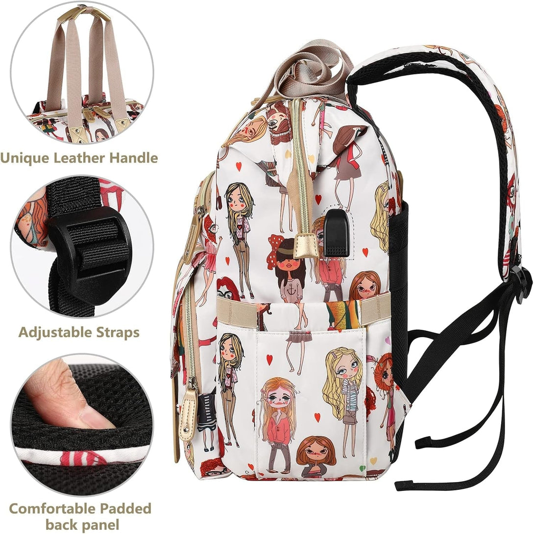 Laptop Backpack for Women,Teacher Doctor Nurse Work Purse Bag for 15.6 Inch Laptop, Wide Open Cute Cartoon Pattern Bookbag, Large Backpack for Women with USB Charging Port RFID anti Theft Pocket